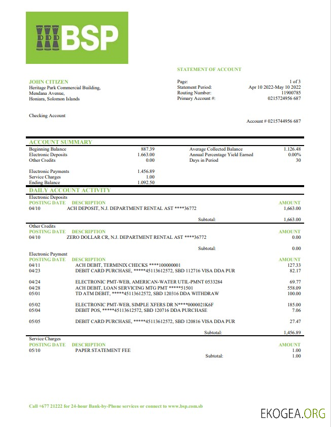 Relevé bancaire BSP des Îles Salomon